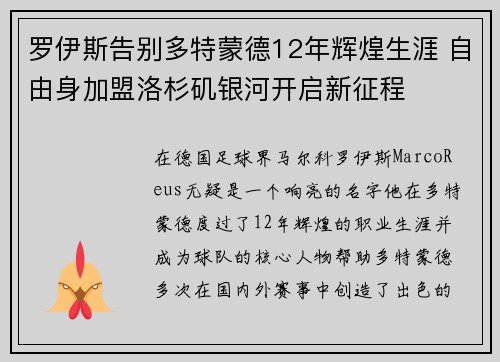 罗伊斯告别多特蒙德12年辉煌生涯 自由身加盟洛杉矶银河开启新征程