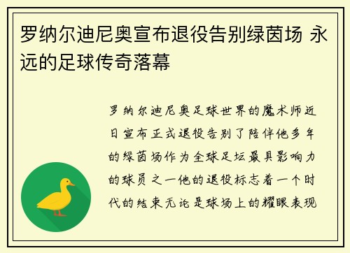 罗纳尔迪尼奥宣布退役告别绿茵场 永远的足球传奇落幕