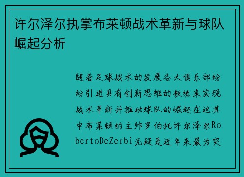 许尔泽尔执掌布莱顿战术革新与球队崛起分析 许尔泽尔执掌布莱顿战术革新与球队崛起分析
