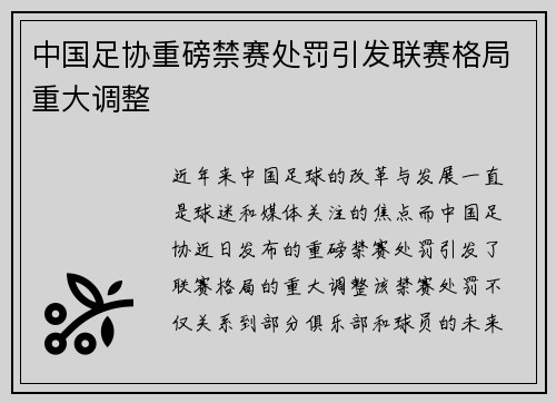 中国足协重磅禁赛处罚引发联赛格局重大调整 中国足协重磅禁赛处罚引发联赛格局重大调整